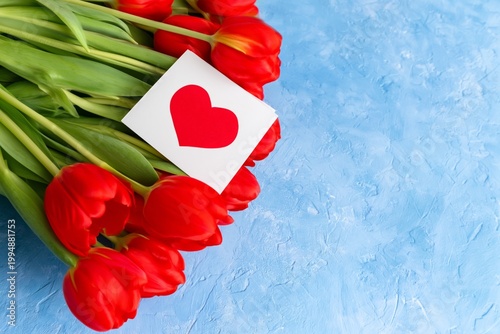 Red Tulips With a Heart Card on a Blue Background for Special Occasions and C...