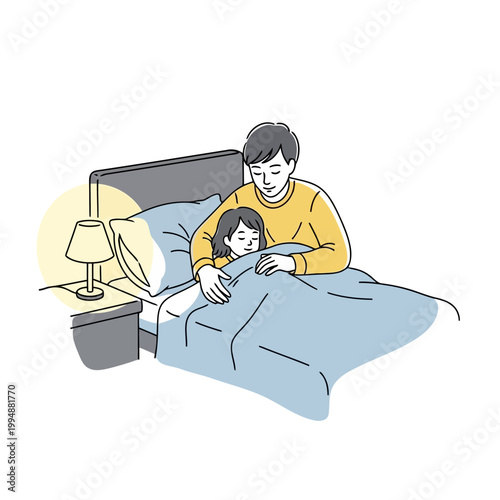 Father comforting sleeping child in bed with soft lighting and warm blankets illustrating peaceful family bedtime routine and affectionate parenting care moments scene.