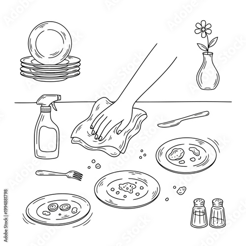 Cleaning dining table with cloth and spray bottle after meal with dirty plates fork knife and salt shakers in hand drawn outline style showing household chore task.
