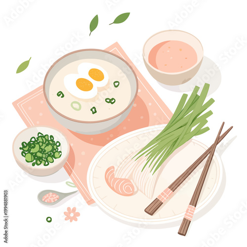 Asian breakfast congee with boiled eggs green onions and condiments in ceramic bowls on pink placemat vector illustration of traditional morning rice porridge dish.