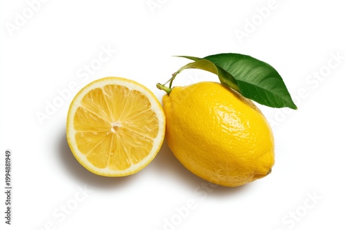 Fresh Lemon With Green Leaf and Cut Lemon on White Background