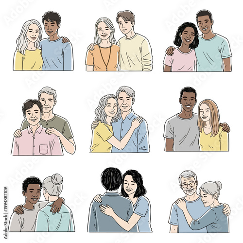 diverse couples in various poses depicting relationships and companionship, showing happiness and connection between individuals of different ages and ethnicities.