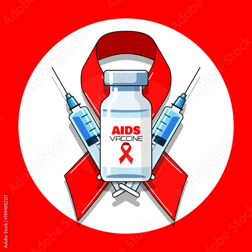 Global medical illustration featuring HIV AIDS awareness ribbon with vaccine vial and dual syringes symbolizing progress in immunology and public health breakthroughs. World AIDS Vaccine Day, May 18th