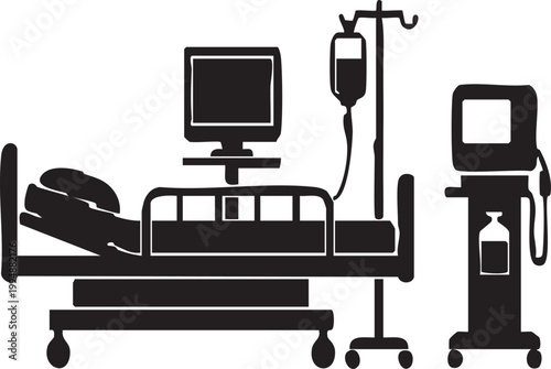 Hospital Equipment Vector Silhouette Set with Bed Monitor and IV Stand