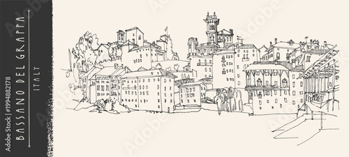 Italian city sketch postcard. Bassano del Grappa old street, church skyline, bridge, river waterfront. Vintage hand drawn vector illustration. architecture line art, ink pen doodle summer travel scene