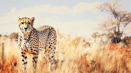 A lone cheetah stands alert in a sunlit savanna with tall golden grasses