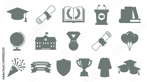 Collection of graduation and academic achievement icons symbolizing success and education