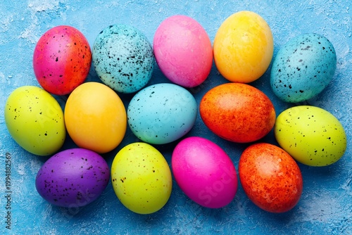Colorful Eggs Scattered on Blue Surface in Celebration of Spring Festivities