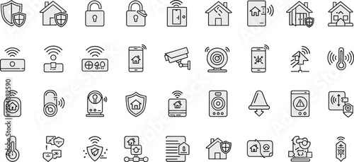 Set of Home Security and Smart Device Icons for Locks, Cameras, Alarms, Wireless Protection, and Home Automation Designs