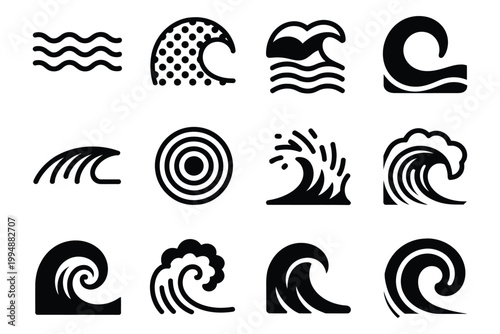 Sea underwater line formation tidal foam horizontal wave vector icon, ocean icons set, flowing water surface lines