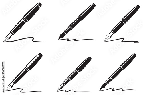 Six black silhouette fountain pens writing wavy lines on white