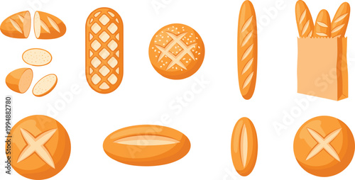 Bread and Bakery Items Vector Set with Loaves, Rolls, Baguettes, and Sliced Breads for Food, Restaurant, and Culinary