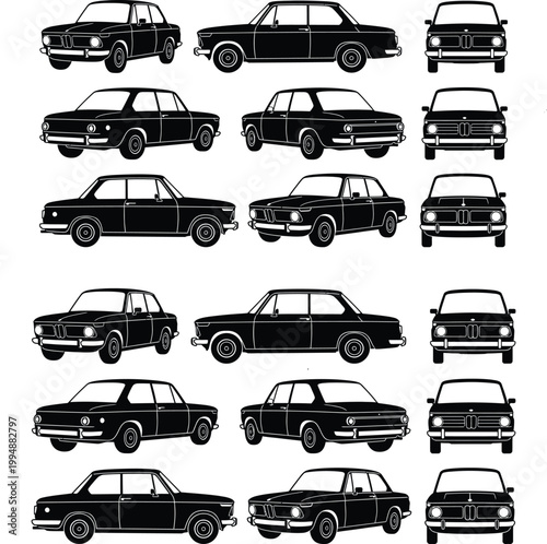 Collection of classic vintage automobile silhouettes from various angles isolated on transparent bac