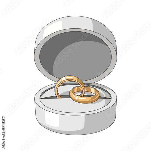 Golden Wedding Rings in an Open Round Jewelry Box Vector Illustration