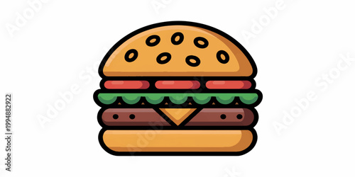 Heart shaped burger with layers of bun cheese meat and fresh vegetables in a simple vector style
