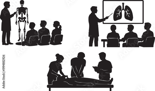 Medical Training Teaching Scenes Set Vector Silhouette Illustration