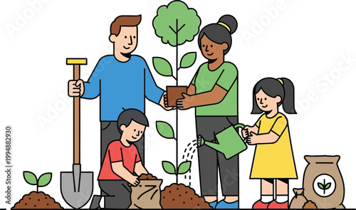 Family planting a tree together, environmental protection, gardening, community effort