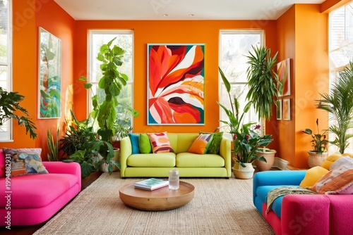 Bright and Colorful Living Room With Plants and Artwork in a Sunny Space
