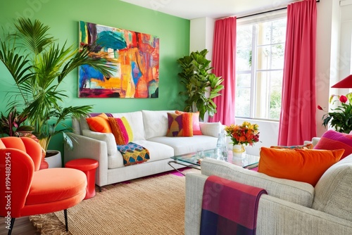 Bright and Colorful Living Room With Plants and Artwork in a Sunny Space