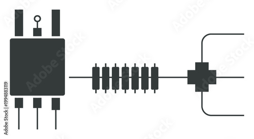 Black electronic component icons transistor resistor diode circuit symbols clean line style vector set for electrical engineering, circuit diagram and hardware design.