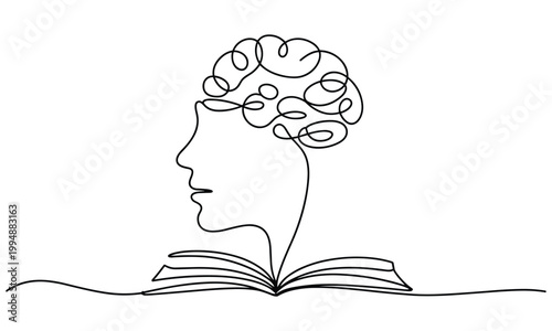 Continuous line drawing of a human head profile connected to an open book.