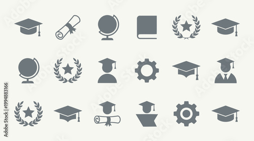 Collection of graduation caps, diplomas, globes, and laurels symbolizing academic achievement and education, perfect for commencement ceremonies and university branding