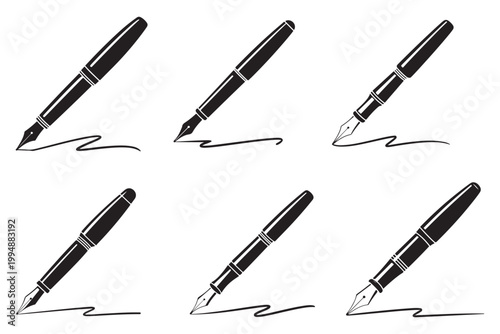Six black silhouette fountain pens writing wavy lines on white