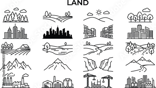 Land and landscape icon set featuring cityscapes, rural scenes, mountains, rivers and natural environment outline illustrations