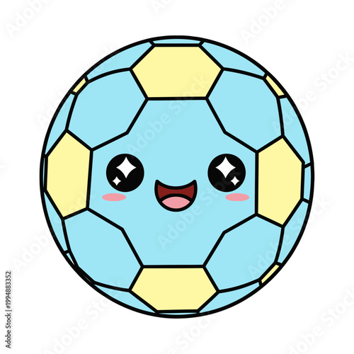 Принти на полотні A cute cartoon illustration of a smiling soccer ball with a happy face and yellow panels on a blue background, conveying joy and friendliness in a playful style