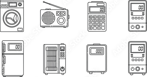 Household Appliance Vector Set Featuring Washing Machine, Radio, Fridge, Microwave, and Other Essential Home Devices for Domestic and Utility Design
