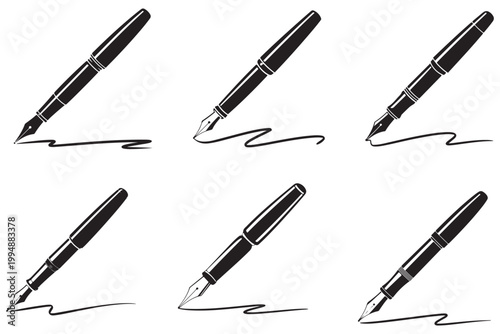 Six black silhouette fountain pens writing wavy lines on white