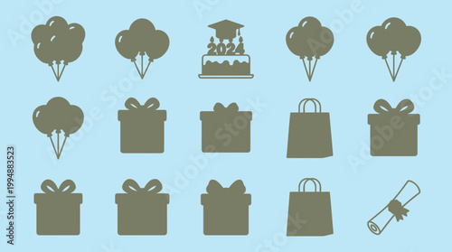 Graduation Celebration Icons Cap, Cake, Gifts, Balloons, and Diploma