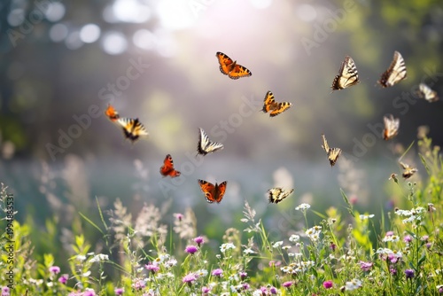 Butterflies Flying Over Colorful Flowers in a Bright Garden During the Day