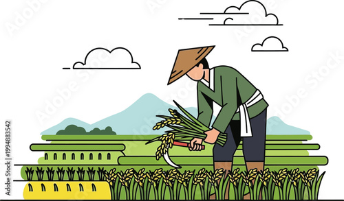 Farmer Harvesting Rice Field with Sickle, Asian Agriculture, Rural Scene