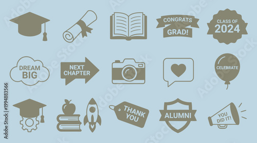 Graduation sticker set with icons representing academic achievements, future aspirations, and celebratory moments