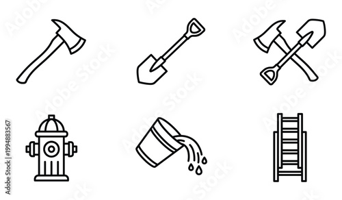 Firefighter equipment icon set including emergency rescue tools with firefighter emergency equipment protection department