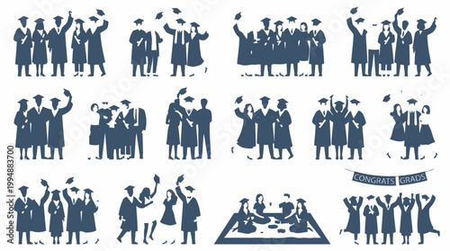Diverse collection of celebratory graduation poses, showcasing academic achievement and joyful expressions