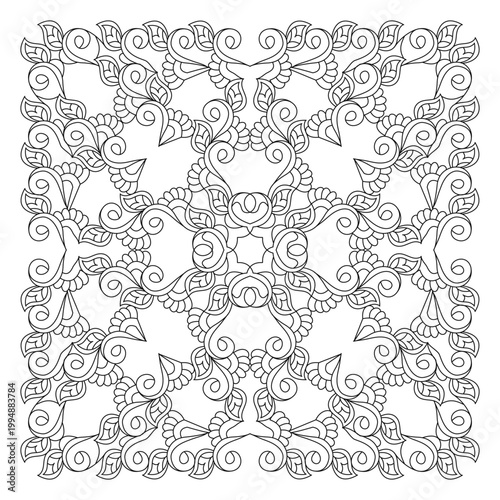 Decorative Square Mandala Pattern with Floral Swirl and Leaf Motif for Adult Coloring Page