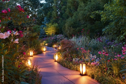 Garden Path With Lanterns Lighting the Way Through Flowers During Evening Hours
