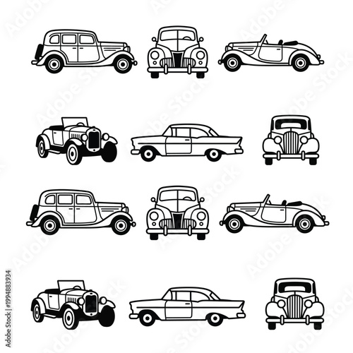 Vintage cars in various styles and designs  old automobiles collection