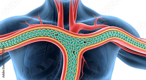 A medical illustration of a human torso showing the circulatory system with a detailed view of the blood vessels and arteries.