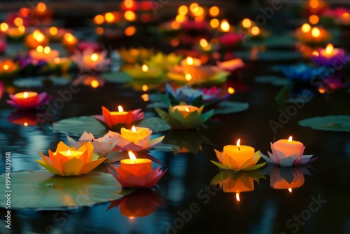 Colorful Floating Candles in Water During a Nighttime Celebration