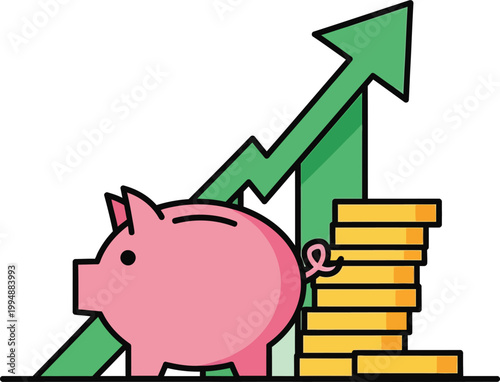 Piggy Bank with Growing Arrow and Stack of Coins - Financial Growth Concept