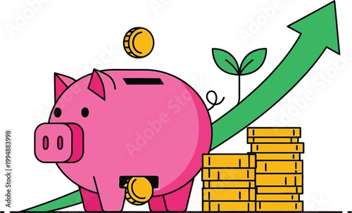 Piggy bank with growing coins and upward arrow, concept of savings and investment growth