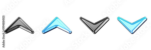 Isolated 3D liquid glass collapse arrow and expand arrow icons with blue cyan gradient. Carets chevrons icon collection and design. Render illustration.