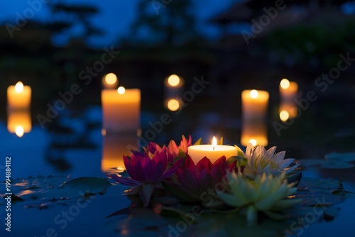 Floating Candles and Lotus Flowers Illuminate a Pond in Evening Light During ...