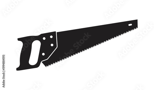 Black and white illustration of a hand saw with a sharp blade and ergonomic handle, isolated on a white background, perfect for woodworking and carpentry concepts.
