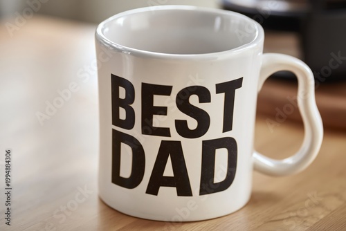 Coffee Mug With Best Dad Written on It Placed on a Wooden Table Near a Kitche...
