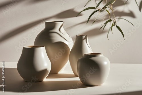 Four White Vases Arranged on a Table With Shadows and Light Creating a Simple...