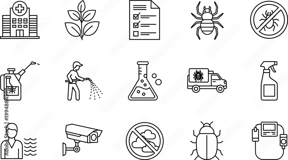 Obraz premium Pest Control and Health Safety Icon Set Featuring Pesticides, Insects, Medical Care, and Environmental Protection for Hygiene and Safety